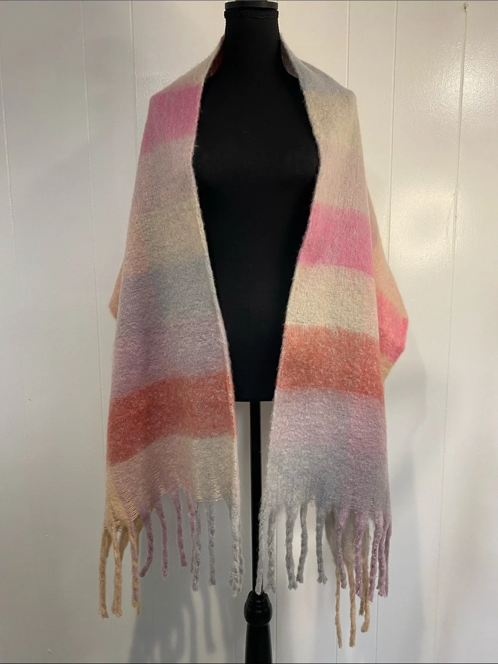 Oversized Pastel Plaid Blanket Scarf Fuzzy Fringe Wrap Shawl Pink Gray Cozy
